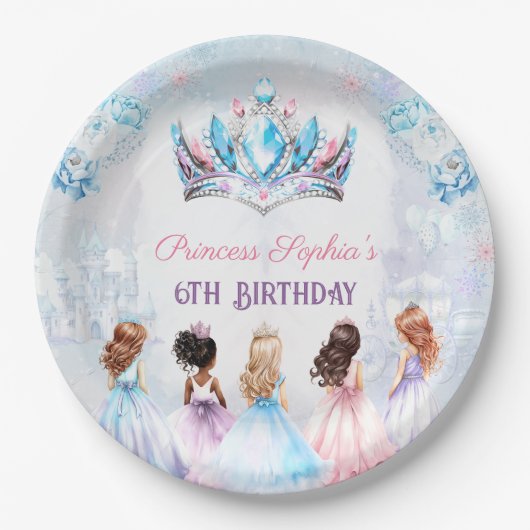 Prinses Kroon Roze Blauw Winter Meisje Verjaardag Papieren Bordje (Voorkant)