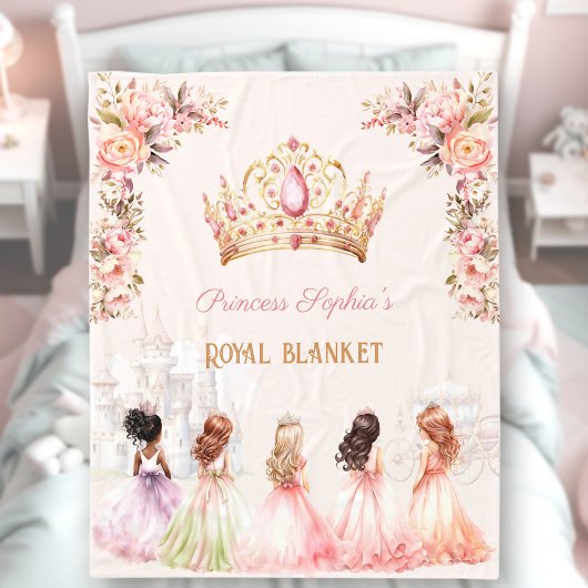 Prinses Kroon Roze Goud Bloemen Meisje Naam Fleece Deken