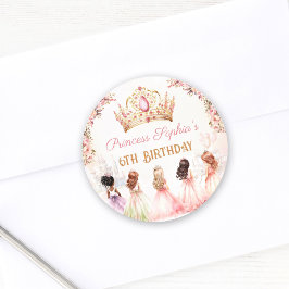 Prinses Kroon Roze Goud Bloemen Meisje Verjaardag Ronde Sticker