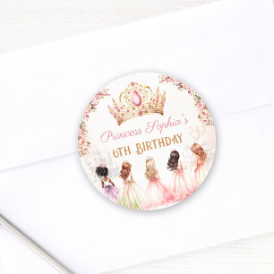 Prinses Kroon Roze Goud Bloemen Meisje Verjaardag Ronde Sticker