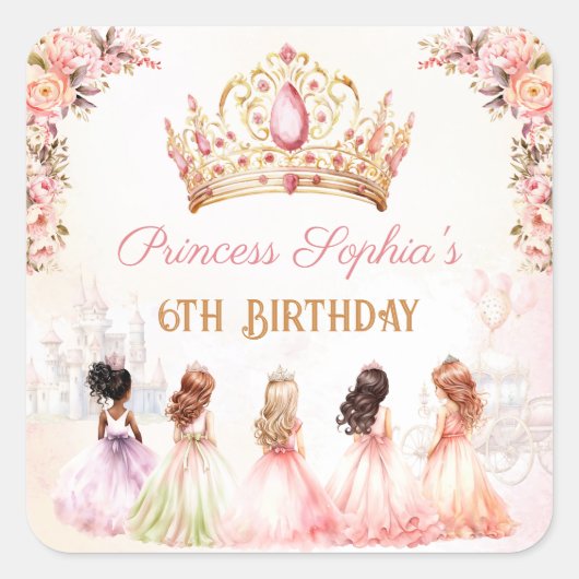Prinses Kroon Roze Goud Bloemen Meisje Verjaardag Vierkante Sticker (Voorkant)
