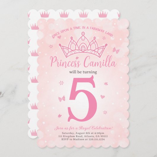 Prinses Kroon Roze Verjaardagsfeestuitnodiging Kaart (Voorkant / Achterkant)