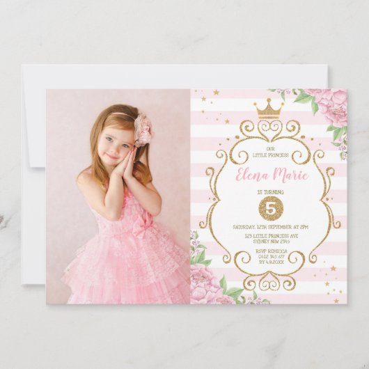 Prinses Kroon Verjaardag Roze Goud Bloemenfeest Kaart (Voorkant)