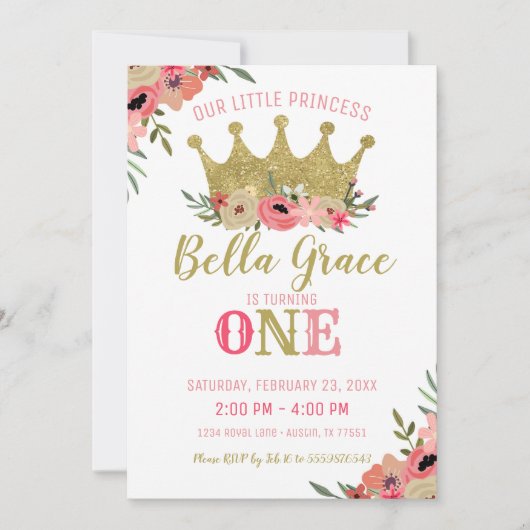 Prinses Kroon Verjaardag Uitnodiging Roze Goud (Voorkant)