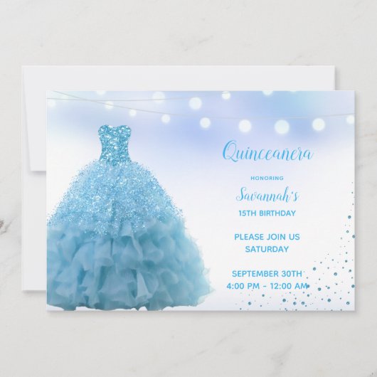 Prinses Lt Blue Gown String Lights Quinceanera Kaart (Voorkant)