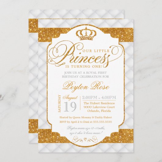 Prinses Luxe Wit Goud Verjaardag Uitnodiging (Voorkant / Achterkant)