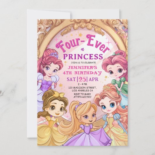 Prinses Meisje 4e Verjaardagsfeest Roze Goud Konin Kaart (Voorkant)