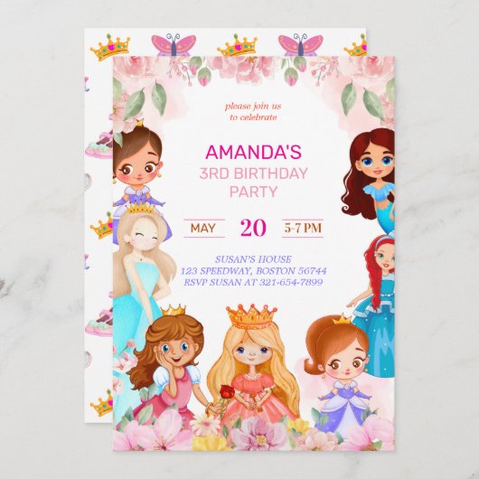Prinses Meisje Verjaardagsfeest 3e jaar Uitnodigin Feestdagenkaart (Voorkant / Achterkant)
