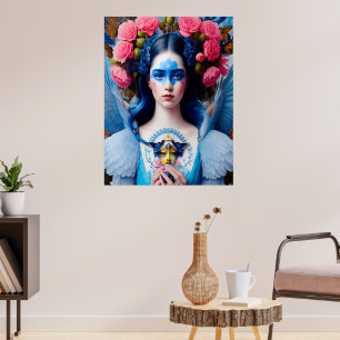 prinses met blauwe vederjurk poster