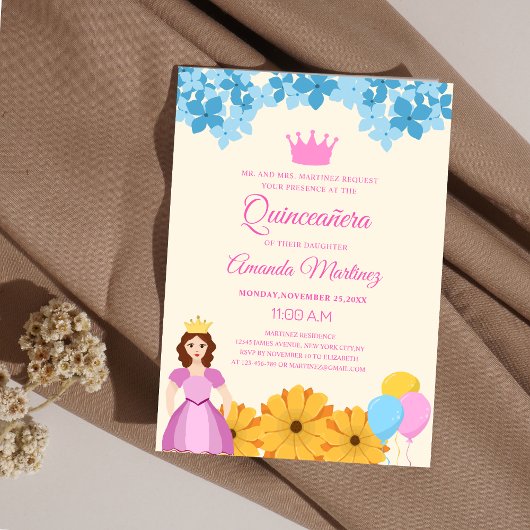 Prinses met bloemen Elegante levendige Quinceañera Kaart