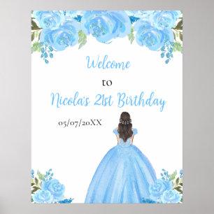 Prinses met bruin haar Blauwe bloemen Verjaardags  Poster