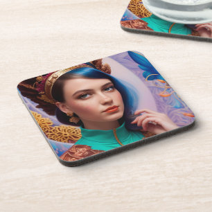 Prinses met decoratieve blauwgroen kleding bier onderzetter