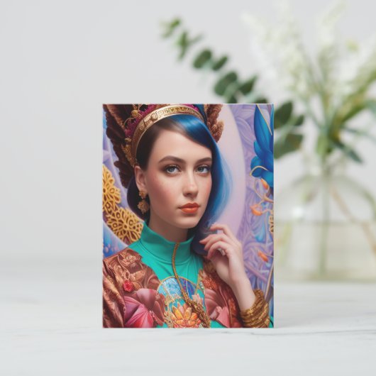 Prinses met decoratieve blauwgroen kleding briefkaart (Staand voorkant)