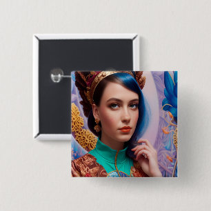 Prinses met decoratieve blauwgroen kleding vierkante button 5,1 cm