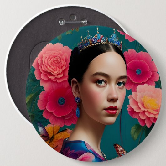 Prinses met een blauwe tiara ronde button 6,0 cm (Voorkant /achterkant)