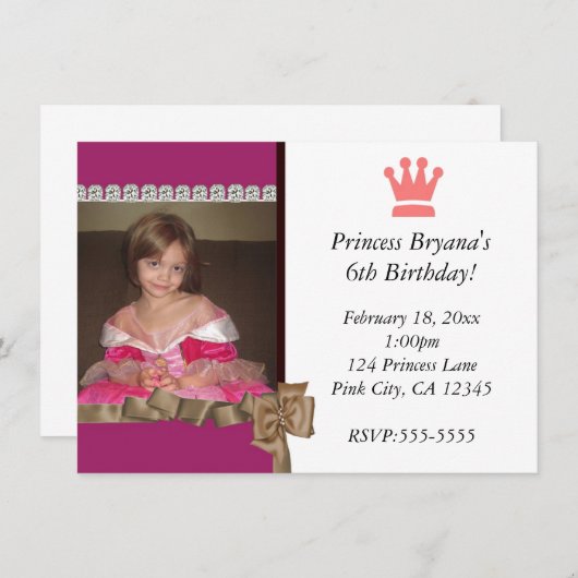 Prinses met kroon en boog feest foto uitnodiging (Voorkant / Achterkant)