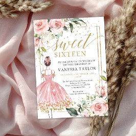 Prinses met roze jurk blush bloemengoud lijst kaart