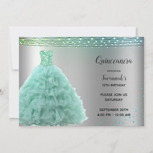 Prinses Mint Groene Gown String Lights Quinceanera Kaart (Voorkant)