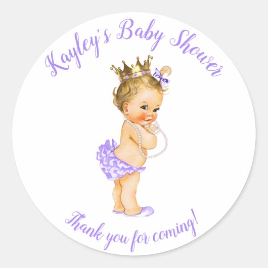  Prinses Paars Baby shower Favor Ronde Sticker (Voorkant)