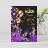 Prinses Paarse Glitters Hooggehakte Tiara Verjaard Kaart (Staand voorkant)