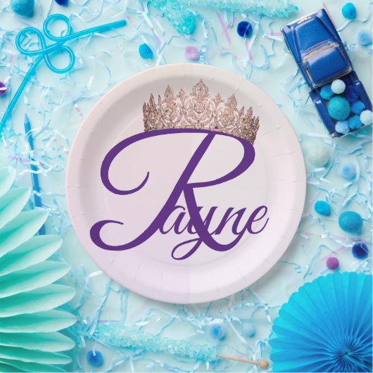  Prinses Pink Crown Monogram Papieren Bordje (Feest)