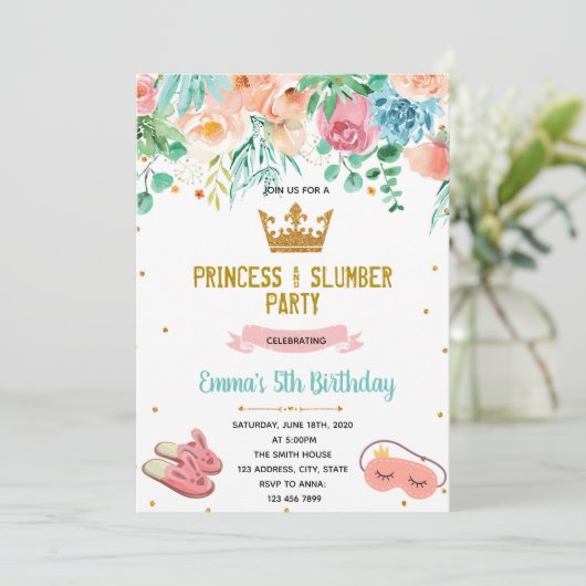Prinses pyjama feest kaart (Staand voorkant)