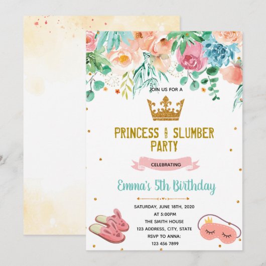 Prinses pyjama feest kaart (Voorkant / Achterkant)