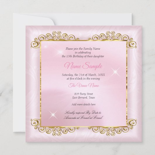 Prinses Quinceanera Blush Roze Gouden wagen Kaart (Achterkant)