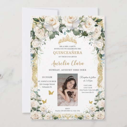 Prinses Quinceañera Champagne Ivoor Rozen Foto Kaart (Voorkant)
