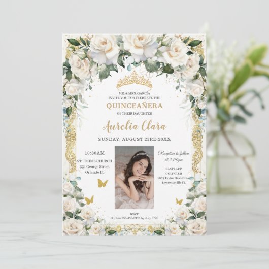 Prinses Quinceañera Champagne Ivoor Rozen Foto Kaart (Staand voorkant)