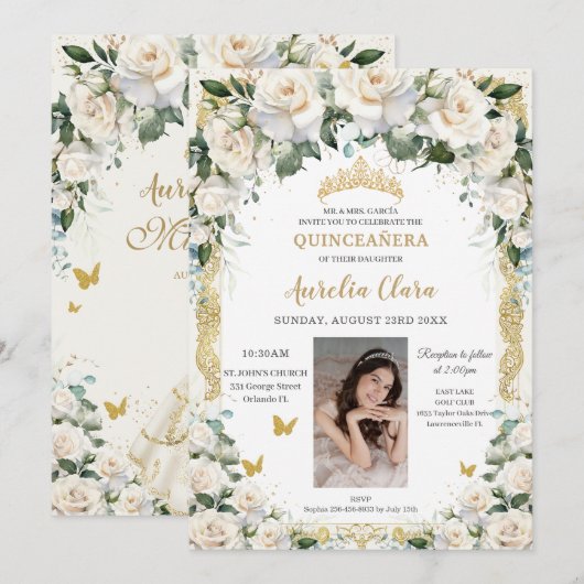 Prinses Quinceañera Champagne Ivoor Rozen Foto Kaart (Voorkant / Achterkant)
