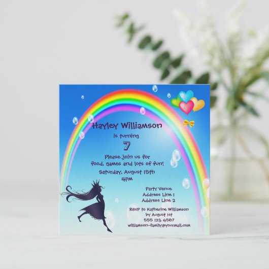 prinses, regenboog, bubbels en ballonnen van de ve kaart (Staand voorkant)