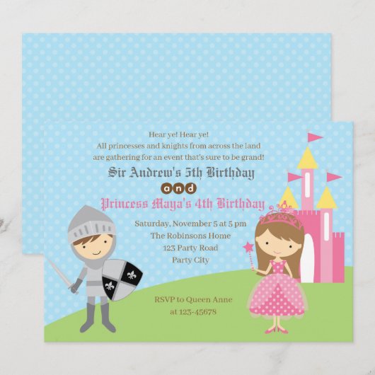 Prinses & Ridder Verjaardag Uitnodigingen (Tweelin (Voorkant / Achterkant)