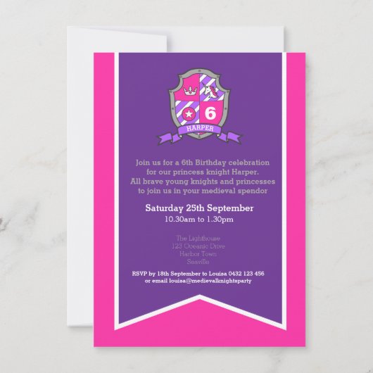 Prinses ridders schild kinder 6e verjaardagsuitnod kaart (Achterkant)