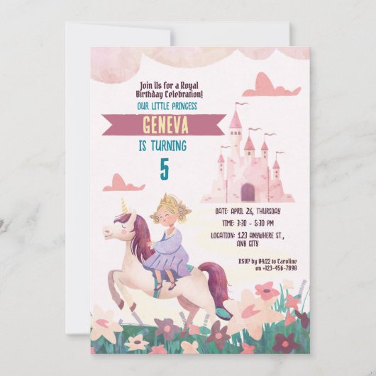 Prinses Rijden Eenhoorn Verjaardagsfeestje Uitnodi Kaart (Voorkant)