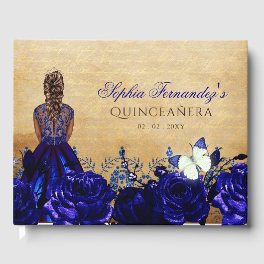  prinses Royal Blue Butterfly Quinceañera Gastenboek (Voorkant)