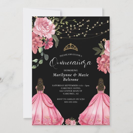 Prinses Roze Bloemen Twins Quinceañera Kaart (Voorkant)