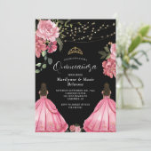 Prinses Roze Bloemen Twins Quinceañera Kaart (Staand voorkant)