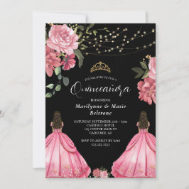 Prinses Roze Bloemen Twins Quinceañera Kaart