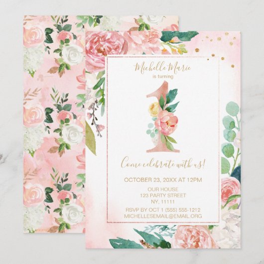 Prinses roze en gouden bloemen eerste verjaardag kaart (Voorkant / Achterkant)