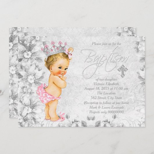  prinses roze en grijs doopsel kaart (Voorkant / Achterkant)