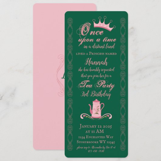 Prinses Roze en Groene Thee Partij Verjaardag Kaart (Voorkant / Achterkant)