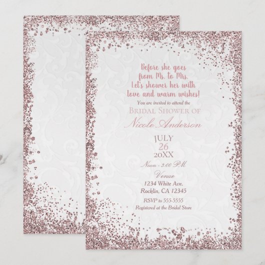 Prinses Roze Glitter Witte Damast Bruidsdouche Kaart (Voorkant / Achterkant)