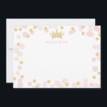 Prinses Roze Goud Glitter Stippen Briefpapier Notitiekaartje<br><div class="desc">Dit ontwerp bevat een prinsessenkroon, geaccentueerd met zacht roze en glinsterend gouden confetti. Klik op de aanpassen-knop voor meer flexibiliteit bij het toevoegen van je eigen tekst! Variaties van dit ontwerp, extra kleuren en bijpassende producten zijn beschikbaar in onze winkel, zazzle.com/store/doodlelulu. Neem contact met ons op als je dit ontwerp...</div>