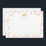 Prinses Roze Goud Glitter Stippen Briefpapier Notitiekaartje<br><div class="desc">Dit ontwerp bevat een prinsessenkroon geaccentueerd met zachte roze en glinsterende gouden confetti. Klik op de aanpassen-knop voor meer flexibiliteit bij het toevoegen van uw eigen tekst! Variaties van dit ontwerp, extra kleuren en bijpassende producten zijn beschikbaar in onze winkel, zazzle.com/store/doodlelulu. Neem contact met ons op als u dit ontwerp...</div>