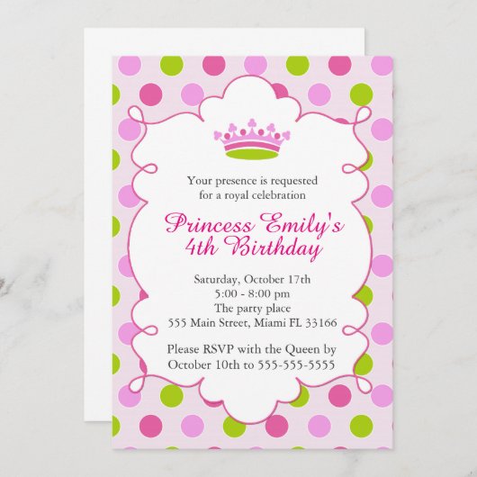 Prinses Roze Groen Meisje Verjaardag Uitnodiging (Voorkant / Achterkant)