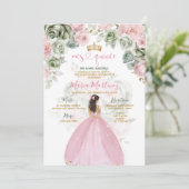 Prinses Roze Jurken Floral Sage Green Mis Quince Kaart (Staand voorkant)