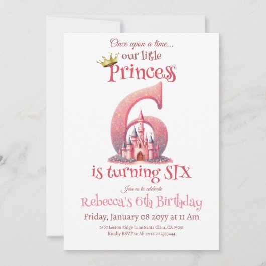 Prinses Roze Kasteel Meisje 6e Verjaardag Kaart (Voorkant)