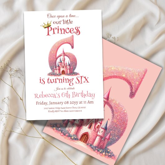 Prinses Roze Kasteel Meisje 6e Verjaardag Kaart