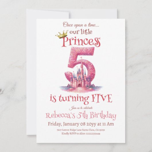 Prinses Roze Kasteel Meisje Vijfde Verjaardag Kaart (Voorkant)